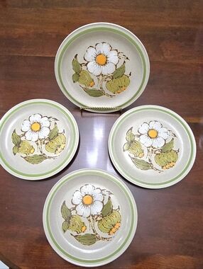 Vtg International Statastone Verte Daisy Stoneware Dinner Plates Set Of 4 EUC.